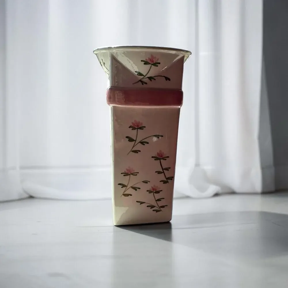 Vintage 1982 Sigma Mann Country Rose Hand Painted Ceramic Bow Vase Pink Floral